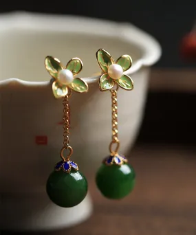 DIY Green Clover Floral Jade Gem Stone Drop Earrings