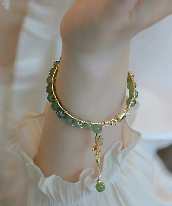 DIY Green Copper Overgild Jade Butterfly Tassel Charm Bracelet GH1018