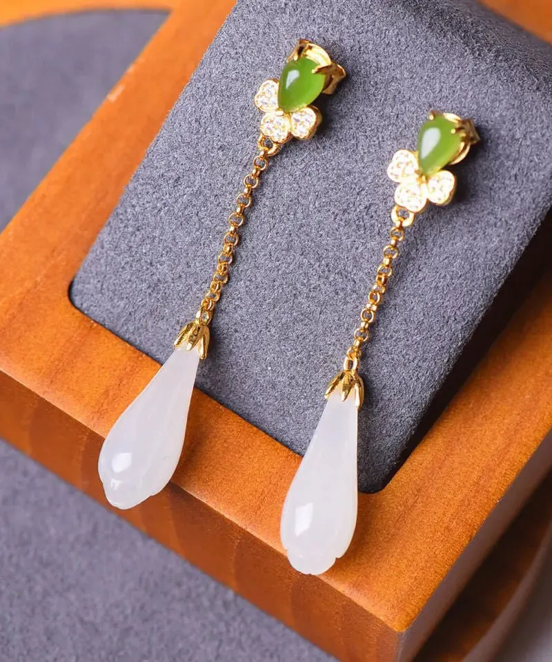 DIY Green Sterling Silver Inlaid Jade Zircon Tassel Drop Earrings LY8553