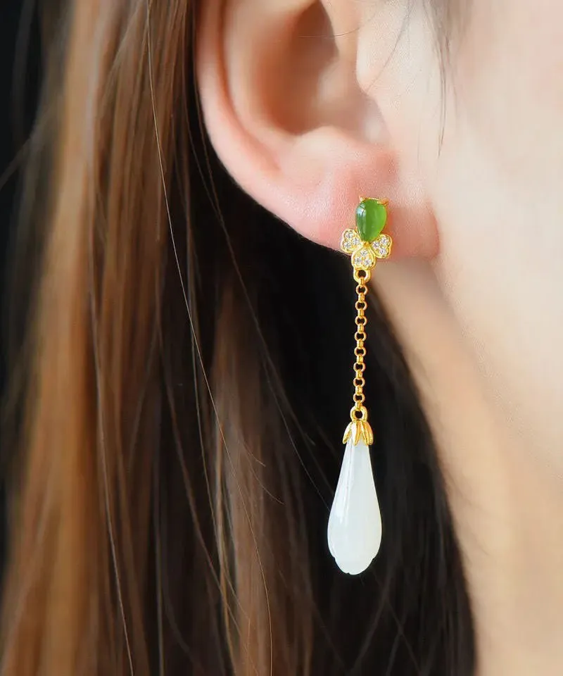 DIY Green Sterling Silver Inlaid Jade Zircon Tassel Drop Earrings LY8553