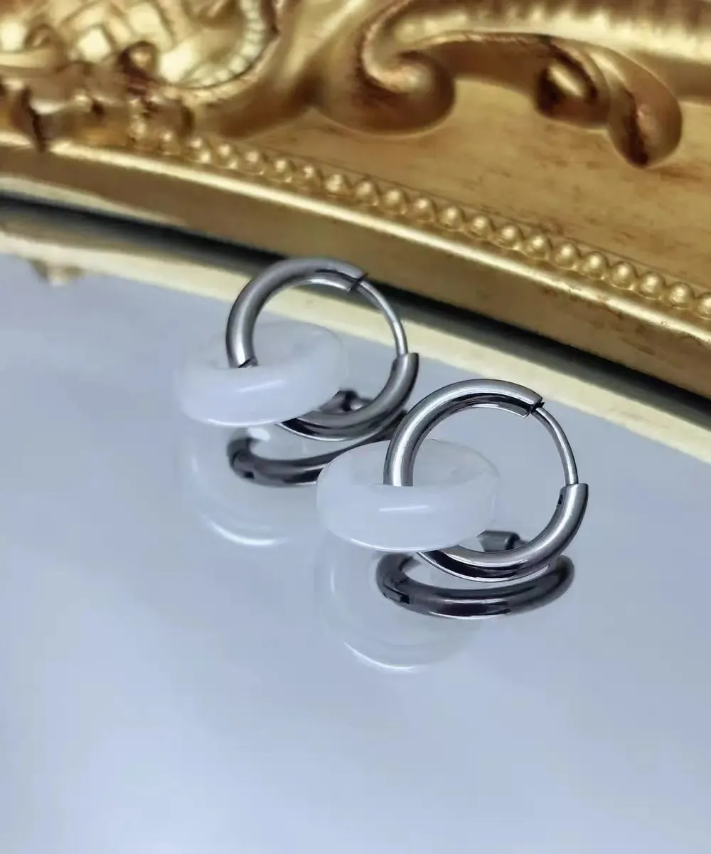 DIY White Sterling Silver Inlaid Jade Hoop Earrings LY8543