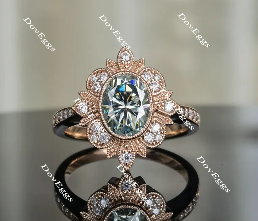 Doveggs oval flower shape Peacock blue moissanite engagement ring