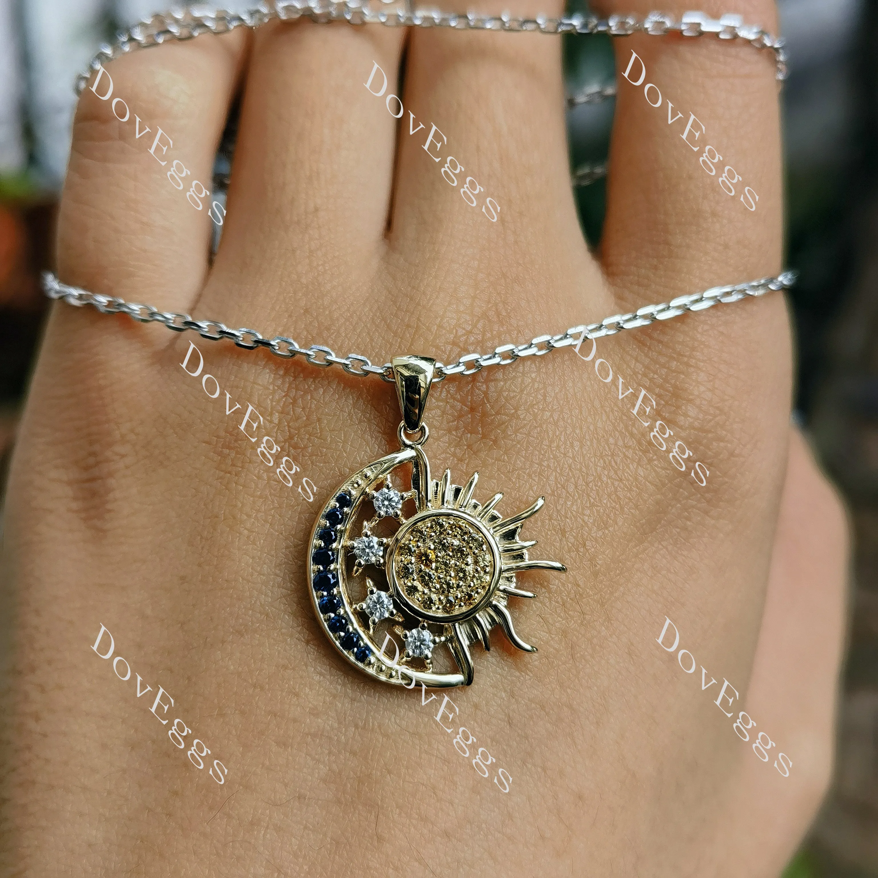 Doveggs sun moon and star round colored gem/moissanite/lab grown diamond accents pendant necklace (pendant only)