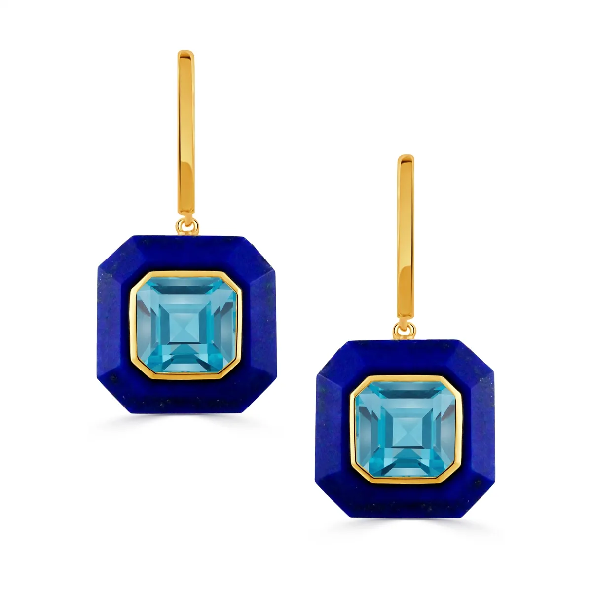 Doves 18K Yellow Gold Octagon Sky Blue Topaz with Blue Lapis Border Dangle Hoop Earrings