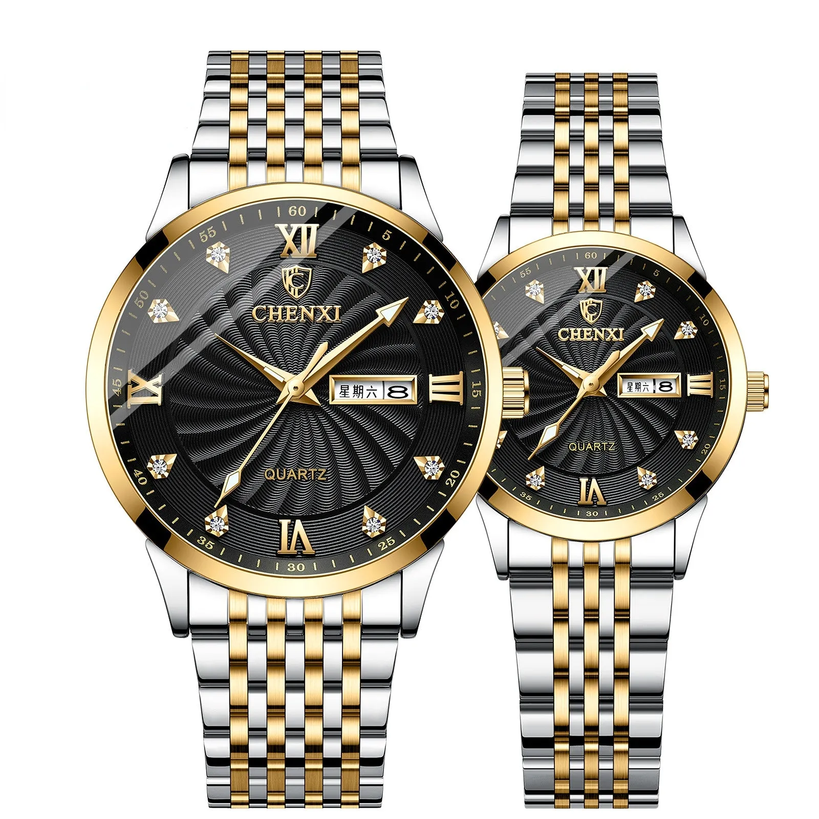 Dual Calendar Watch Couple Steel Strap Watch Chenxi Men's and Women's Quartz Watch with Diamond