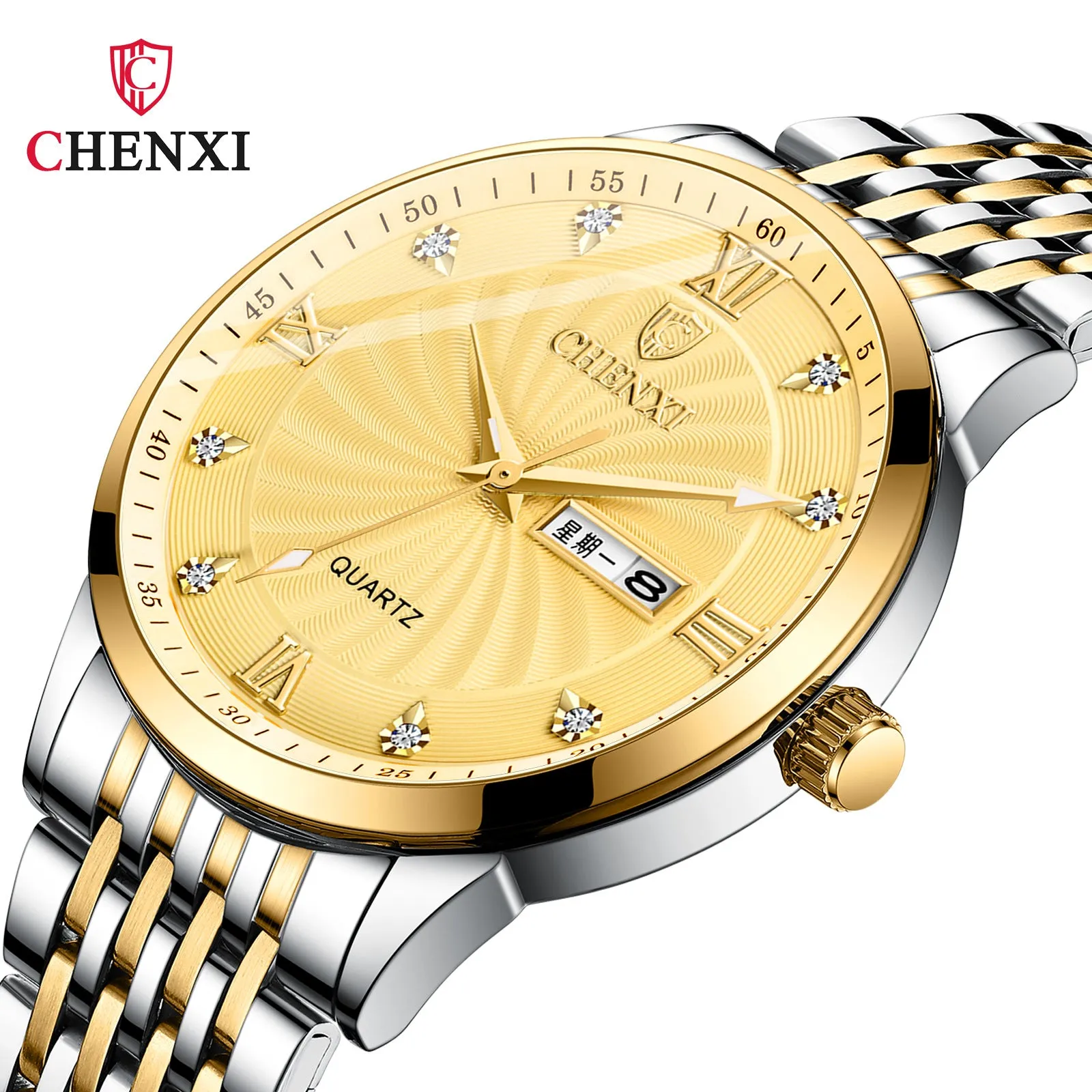 Dual Calendar Watch Couple Steel Strap Watch Chenxi Men's and Women's Quartz Watch with Diamond