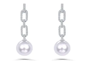 Earrings 18kt White Gold South Sea Pearls Drops with Paper Clip & Diamonds