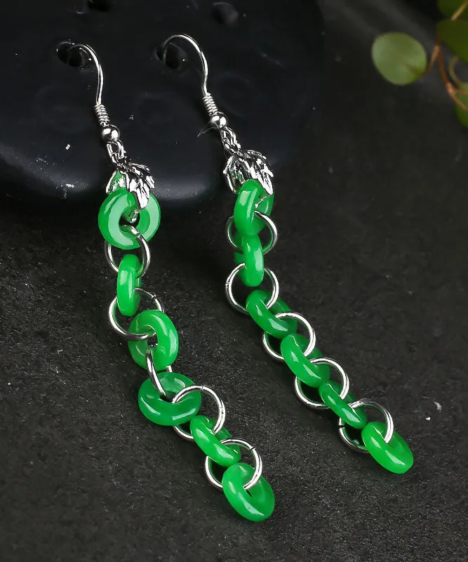 Elegant Green Sterling Silver Overgild Dry Green Jade Drop Earrings LY7762