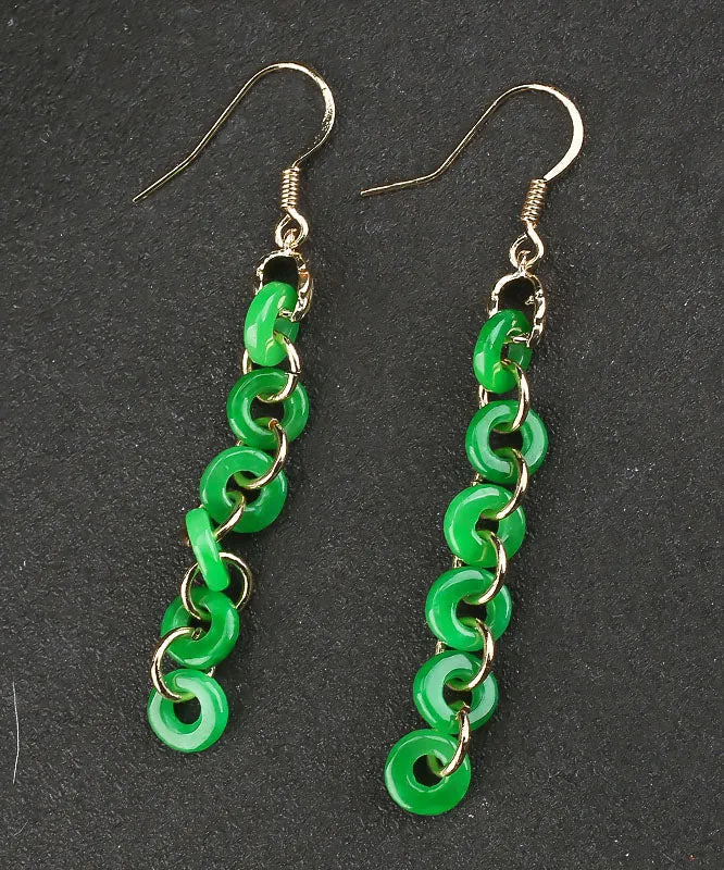 Elegant Green Sterling Silver Overgild Dry Green Jade Drop Earrings LY7762