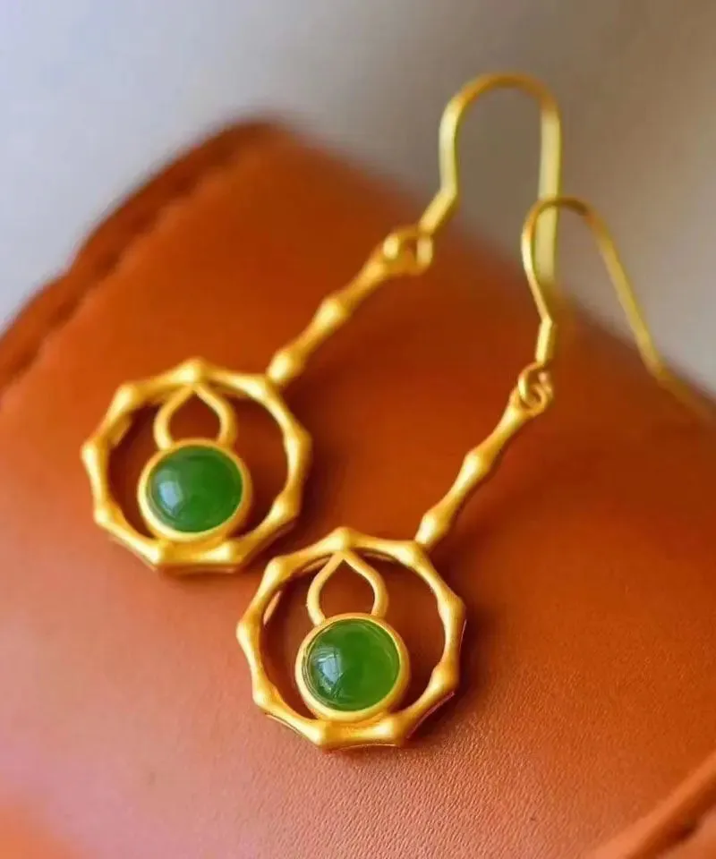 Elegant Green Sterling Silver Overgild Jade Gourd Drop Earrings LY8613