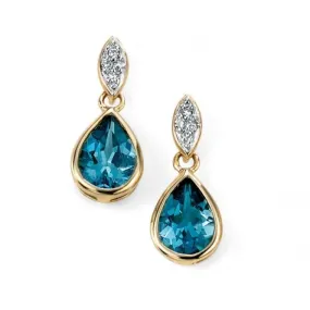 Elements 9ct Yellow Gold Diamond And London Blue Topaz Drop Earrings GE2020T