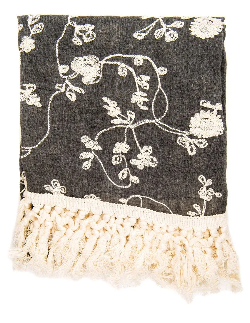 Embroidered Vine Scarf with Tassles