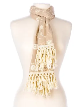 Embroidered Vine Scarf with Tassles