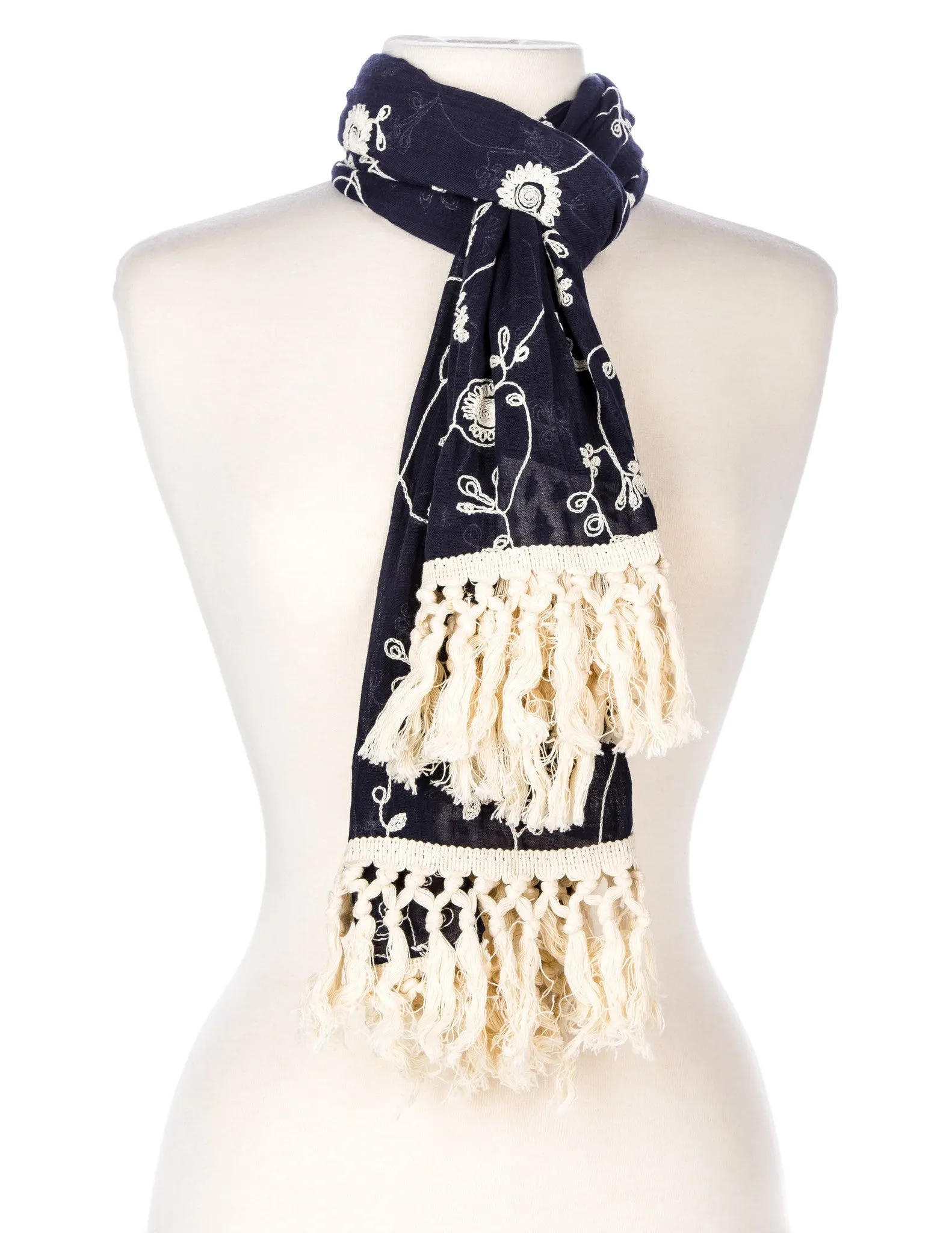 Embroidered Vine Scarf with Tassles