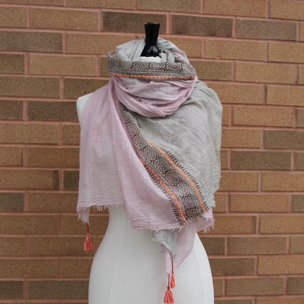 Embroidered With Tassles in Muted Dusty Rose Cotton Scarf