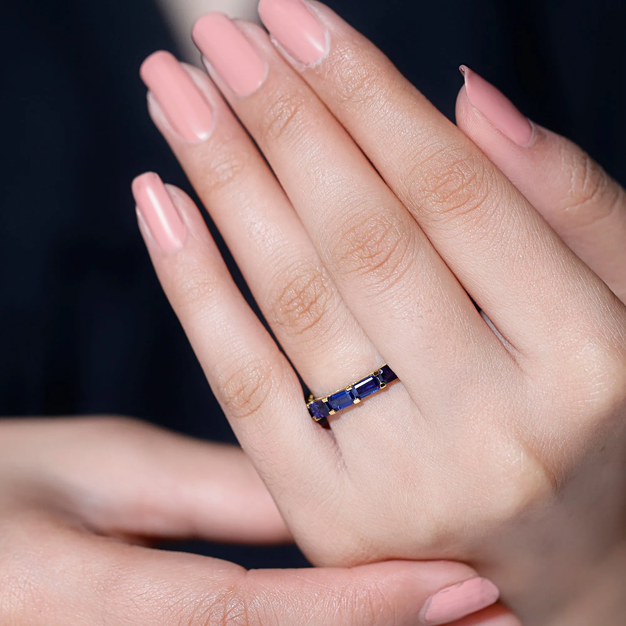 Emerald Cut Created Blue Sapphire East West Eternity Band Ring