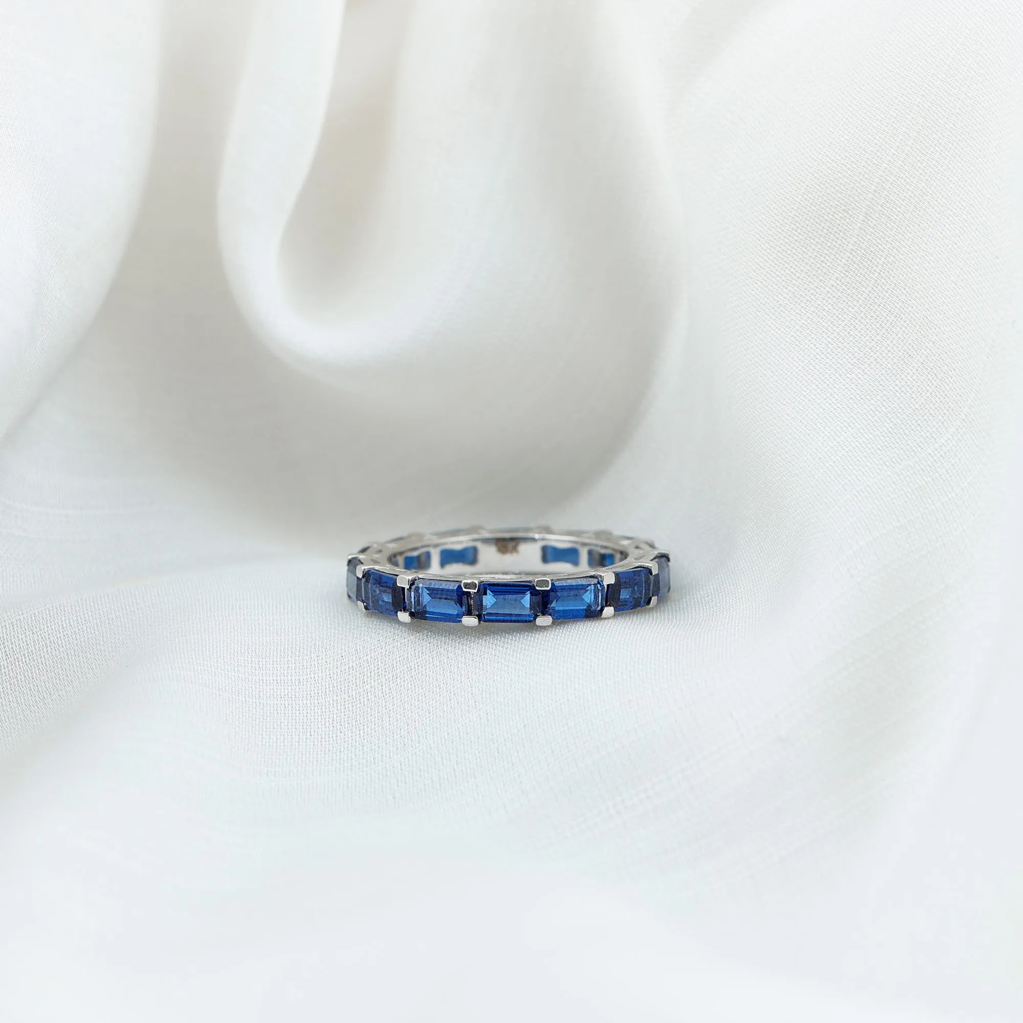 Emerald Cut Created Blue Sapphire East West Eternity Band Ring