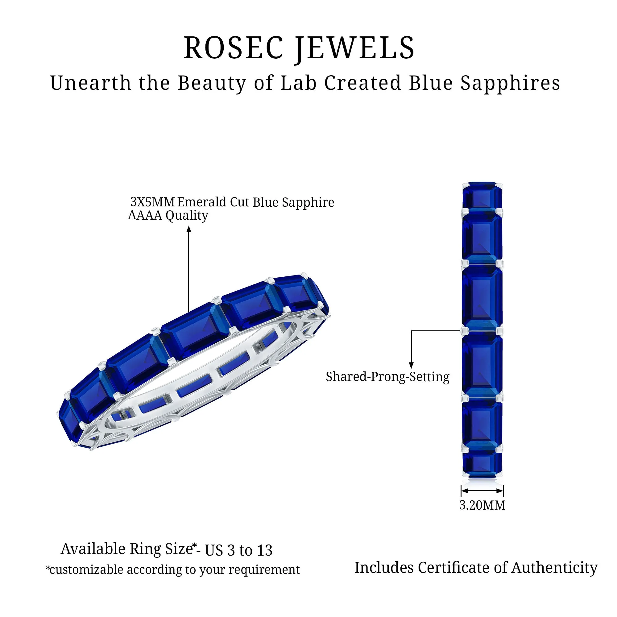 Emerald Cut Created Blue Sapphire East West Eternity Band Ring