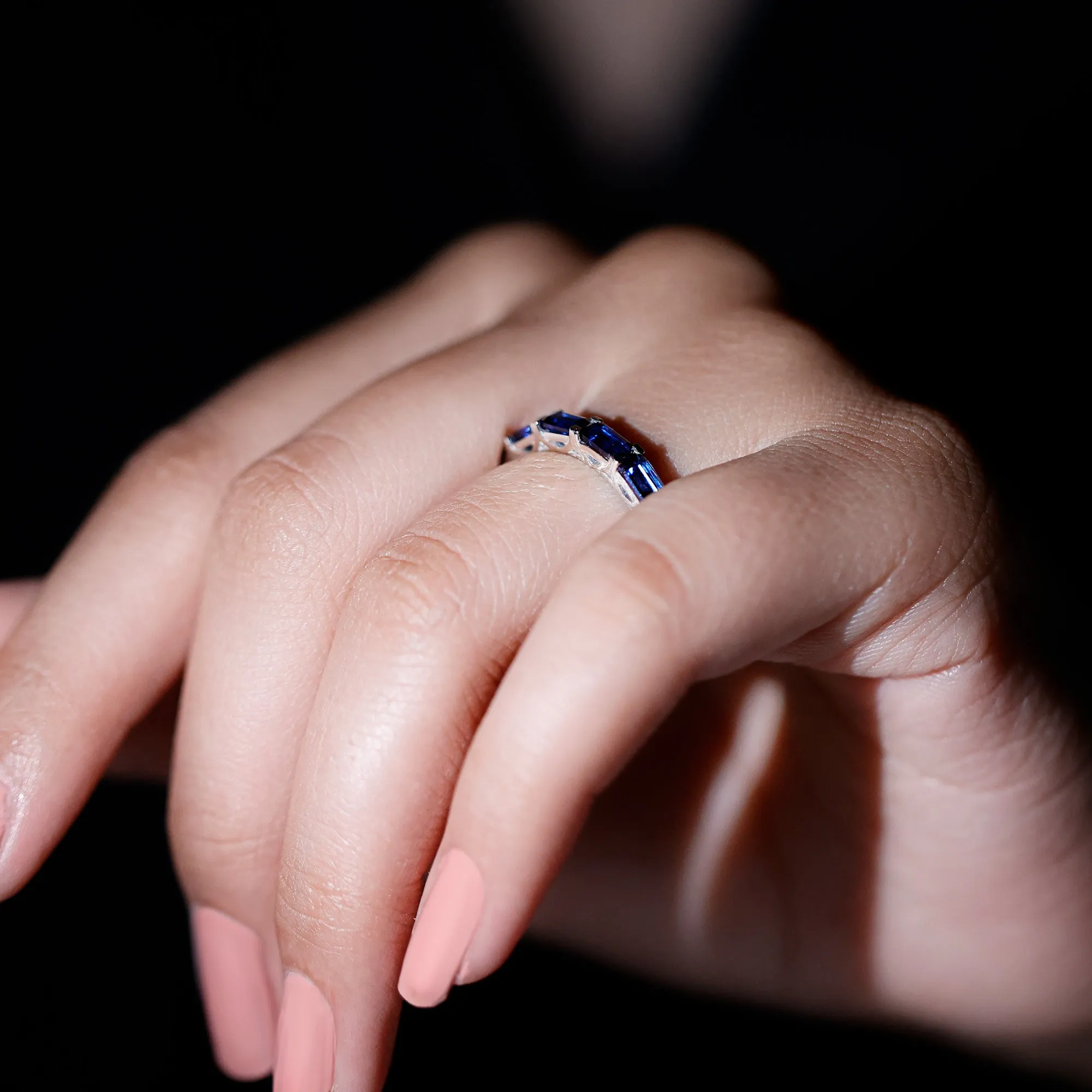 Emerald Cut Created Blue Sapphire East West Eternity Band Ring