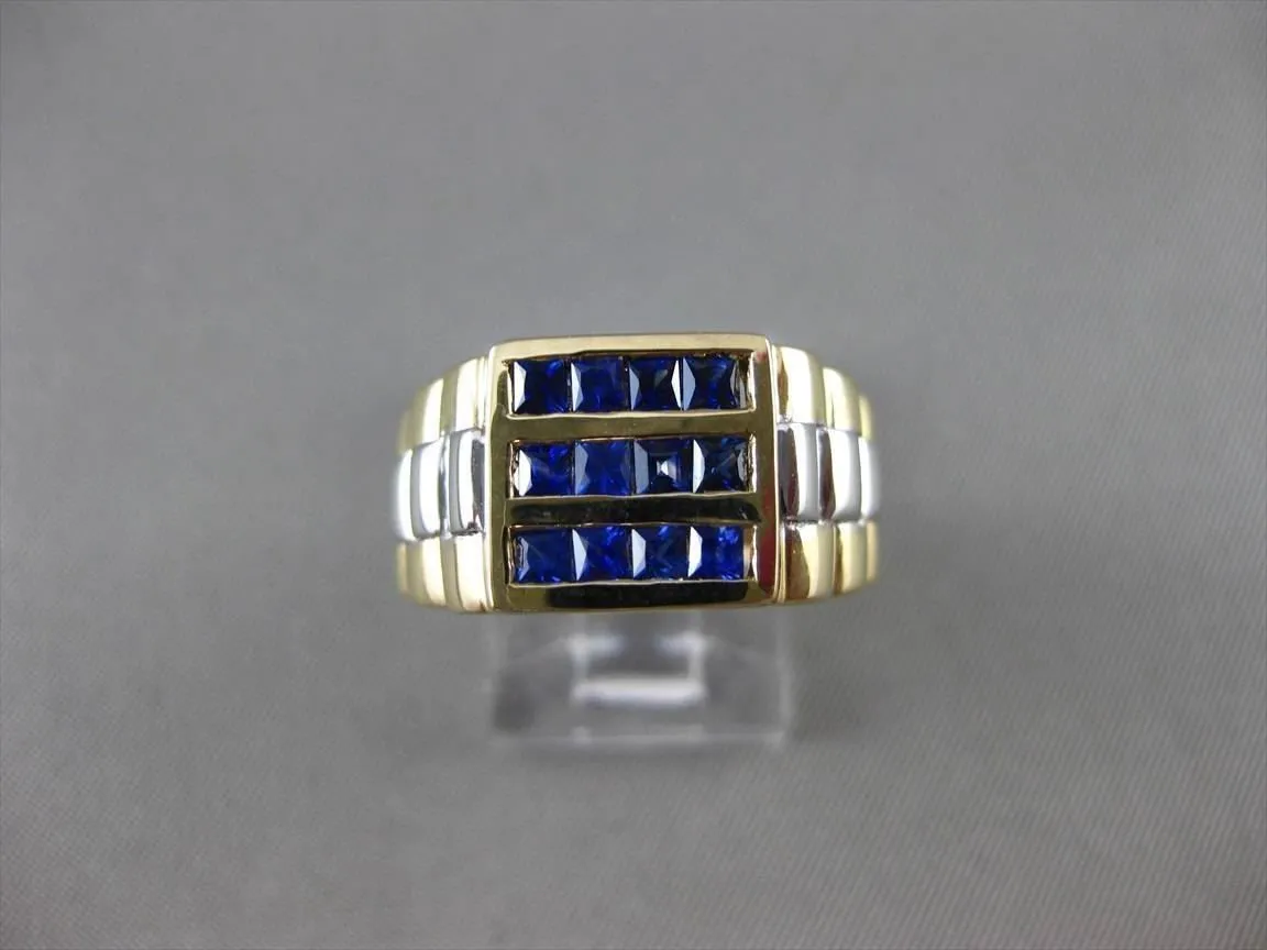 ESTATE .83CT AAA SAPPHIRE 14KT WHITE & YELLOW GOLD SQUARE 3 ROW MENS GYPSY RING