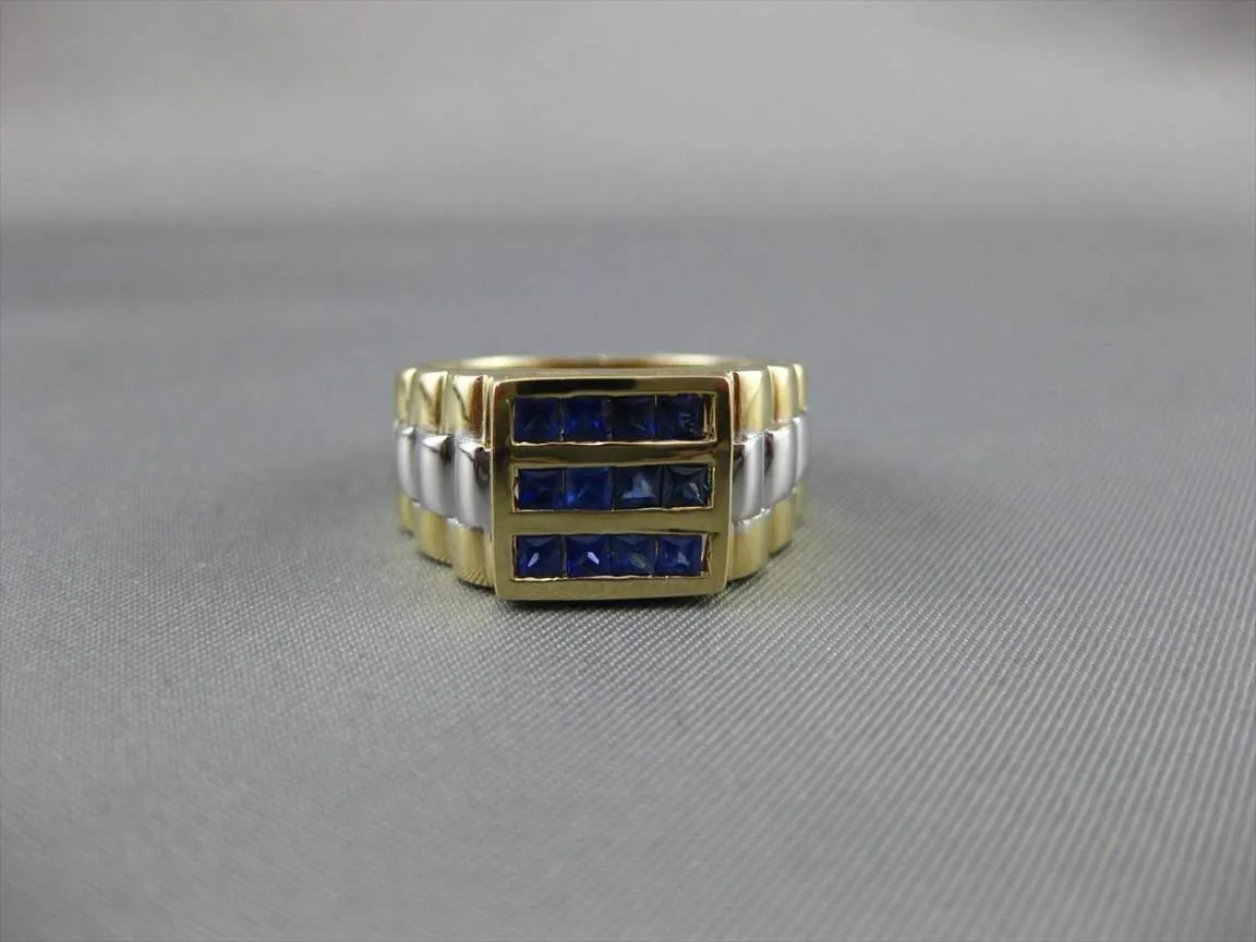 ESTATE .83CT AAA SAPPHIRE 14KT WHITE & YELLOW GOLD SQUARE 3 ROW MENS GYPSY RING