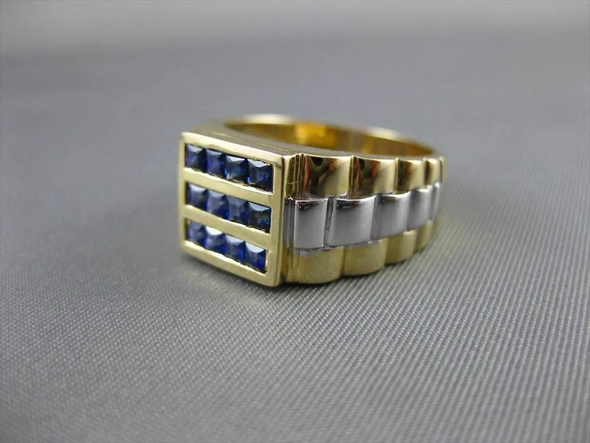 ESTATE .83CT AAA SAPPHIRE 14KT WHITE & YELLOW GOLD SQUARE 3 ROW MENS GYPSY RING