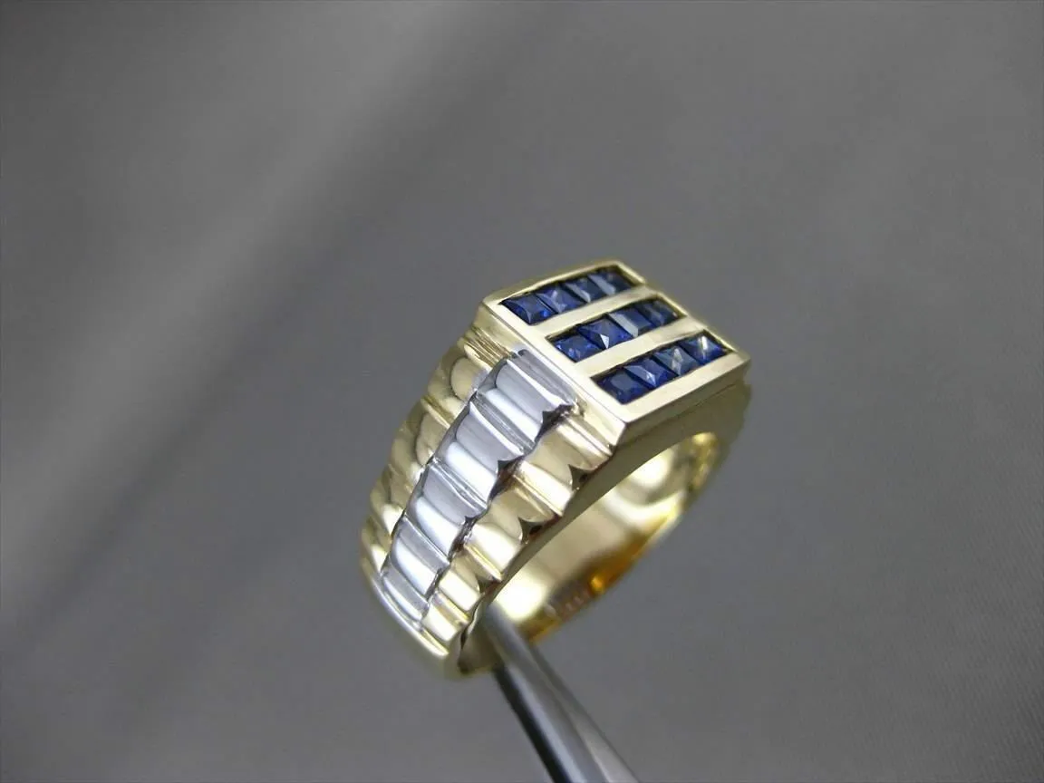 ESTATE .83CT AAA SAPPHIRE 14KT WHITE & YELLOW GOLD SQUARE 3 ROW MENS GYPSY RING