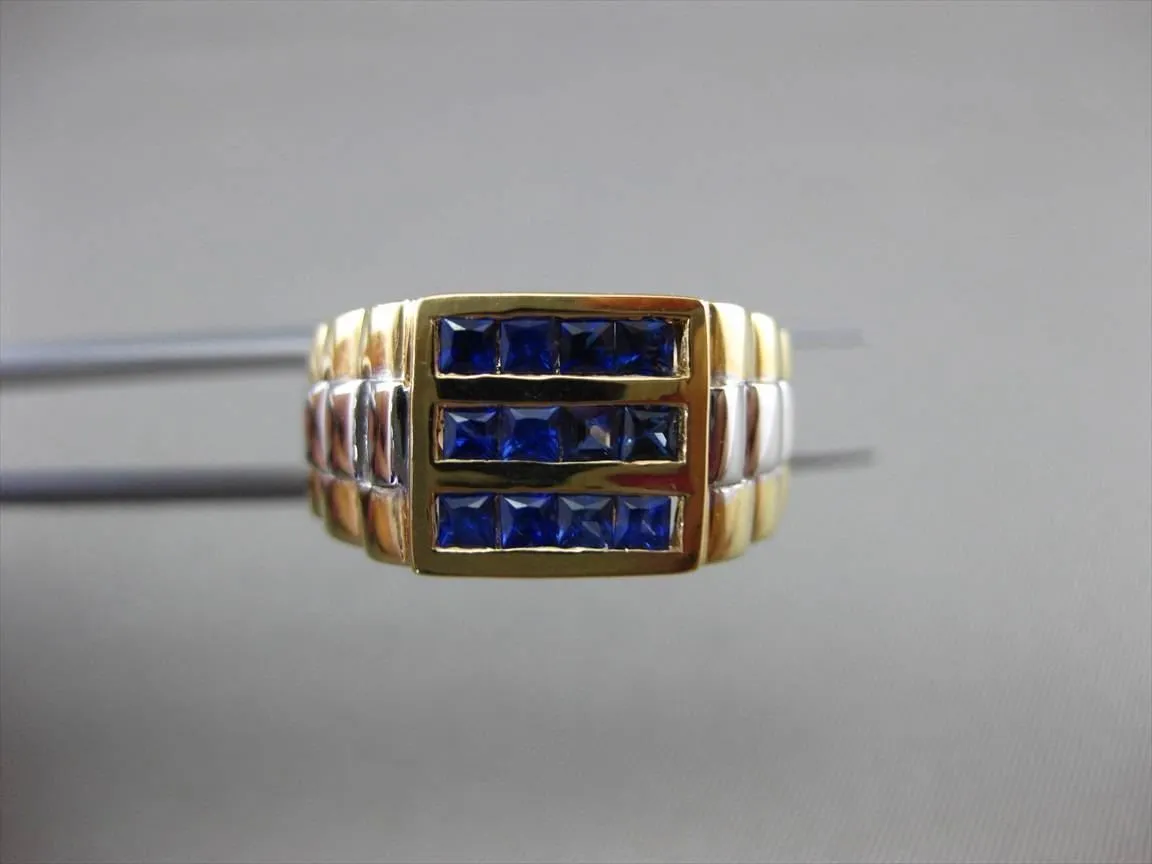 ESTATE .83CT AAA SAPPHIRE 14KT WHITE & YELLOW GOLD SQUARE 3 ROW MENS GYPSY RING