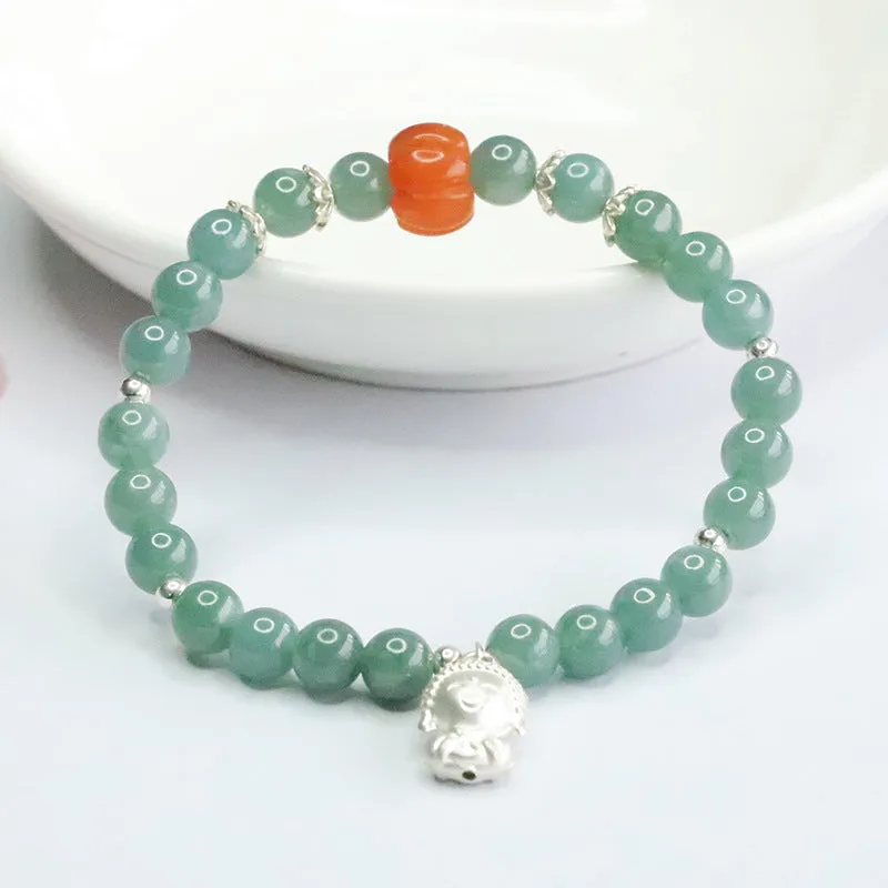 Ethnic Style Blue Sailor String Millet Sand Sterling Silver Bracelet with Natural Jade