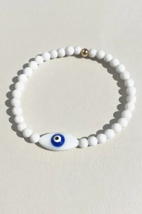 EXPRESS GOOD VIBES EVIL EYE BEADED BRACELET- WHITE BEADS AND BLUE EYE