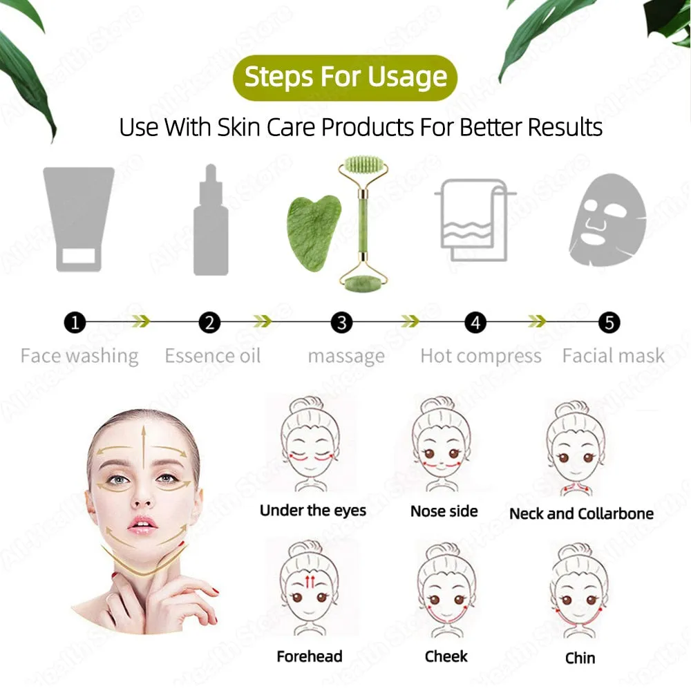 Face Massager Roller Natural Jade Stone Guasha Board Scraper Set Facial Lift Skin Relaxation Slimming Beauty Neck Thin Tool