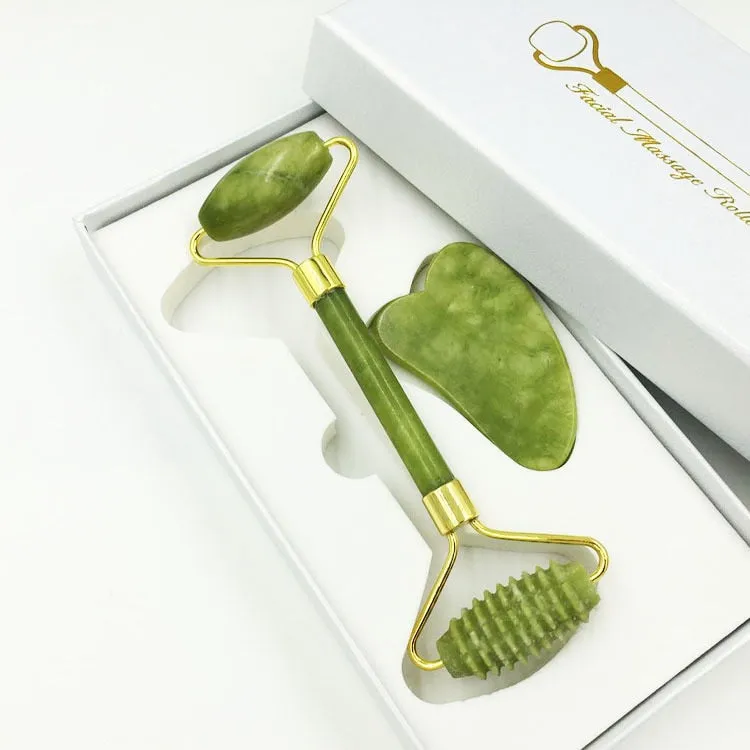 Face Massager Roller Natural Jade Stone Guasha Board Scraper Set Facial Lift Skin Relaxation Slimming Beauty Neck Thin Tool