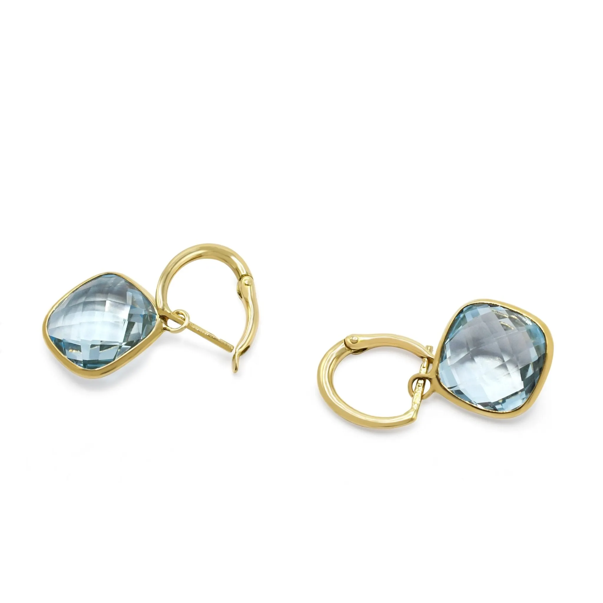 Faceted Cushion Shaped Blue Topaz Drop Earrings - 18ct Yellow Gold