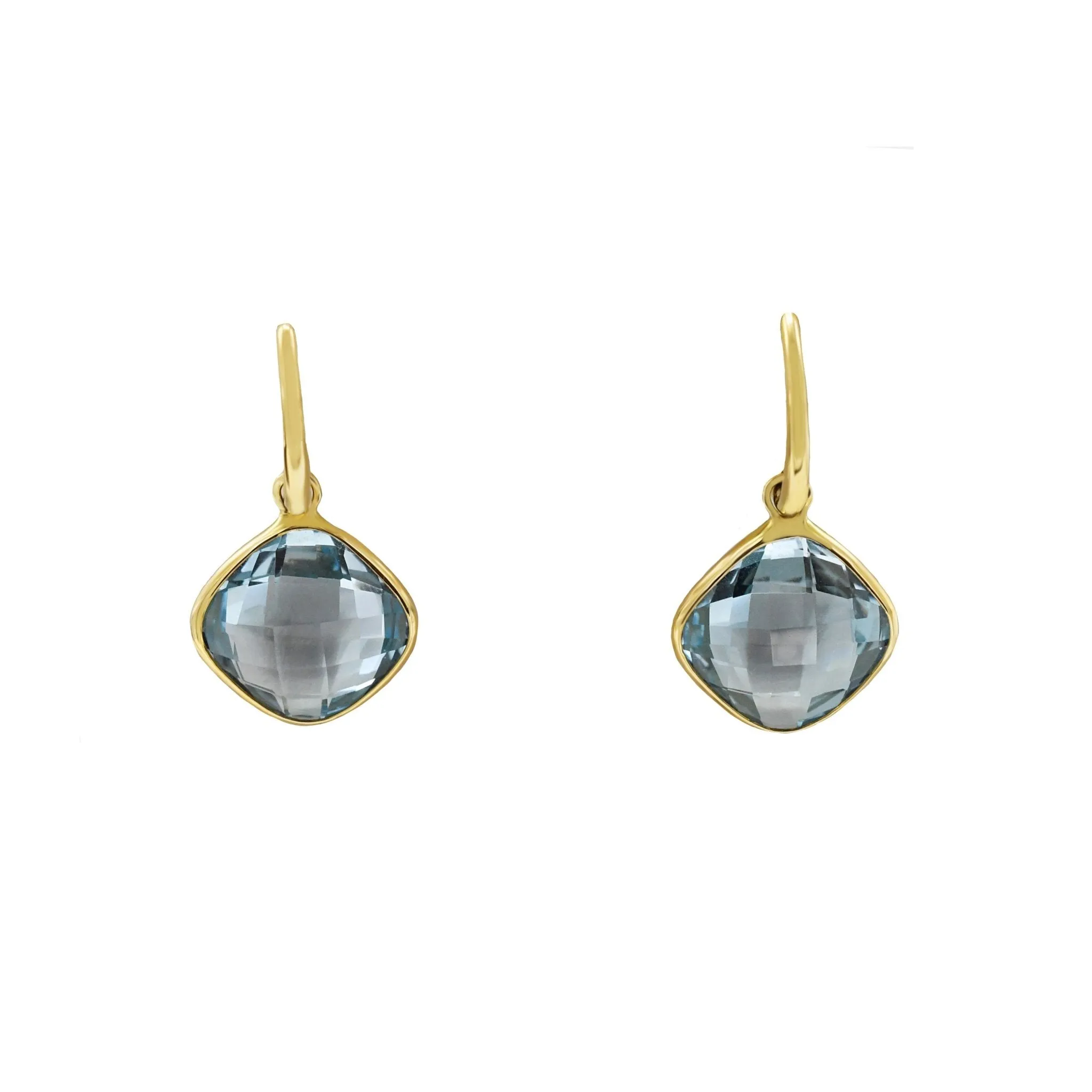 Faceted Cushion Shaped Blue Topaz Drop Earrings - 18ct Yellow Gold