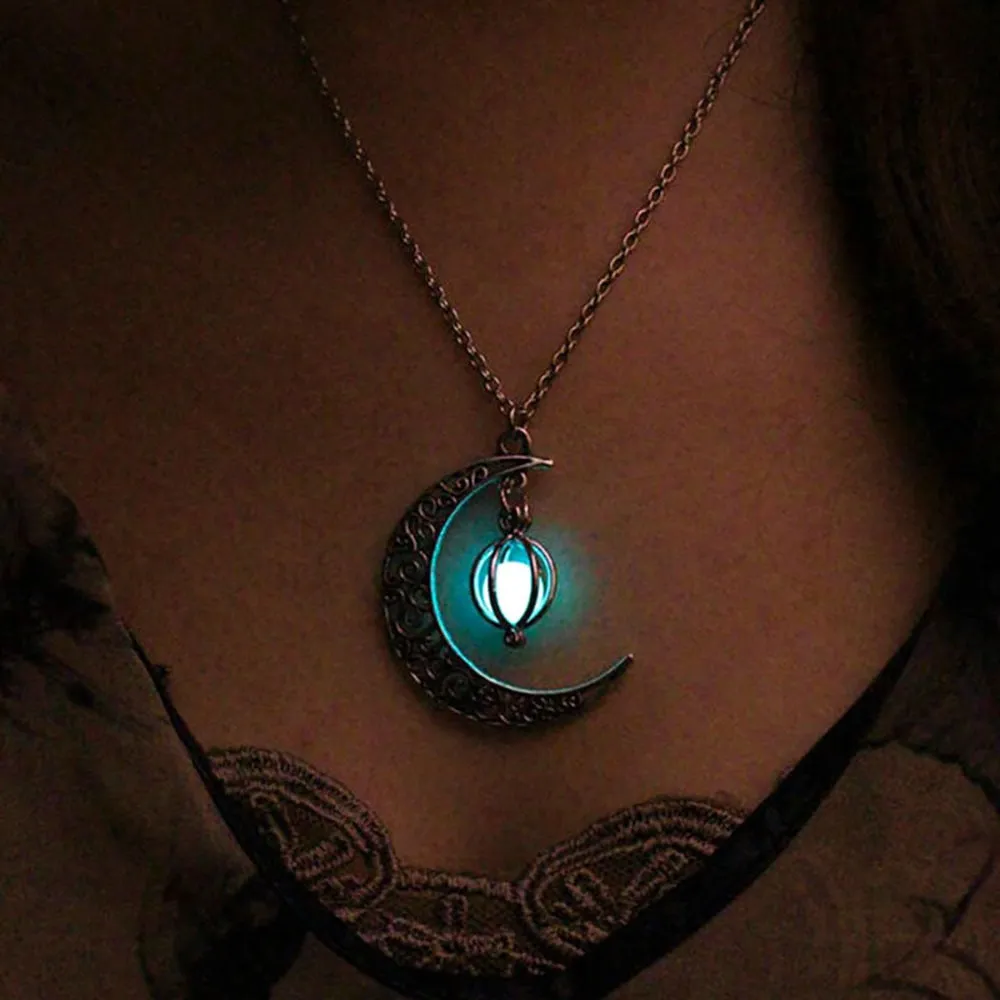 FAMSHIN Fashion Silver Color Charm Luminous Pendant Necklace Women Moon Glowing Stone Necklace Christmas Necklaces Jewelry Gifts