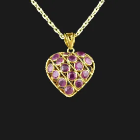 Filigree 18K Gold Ruby Blue Sapphire Heart Pendant Necklace