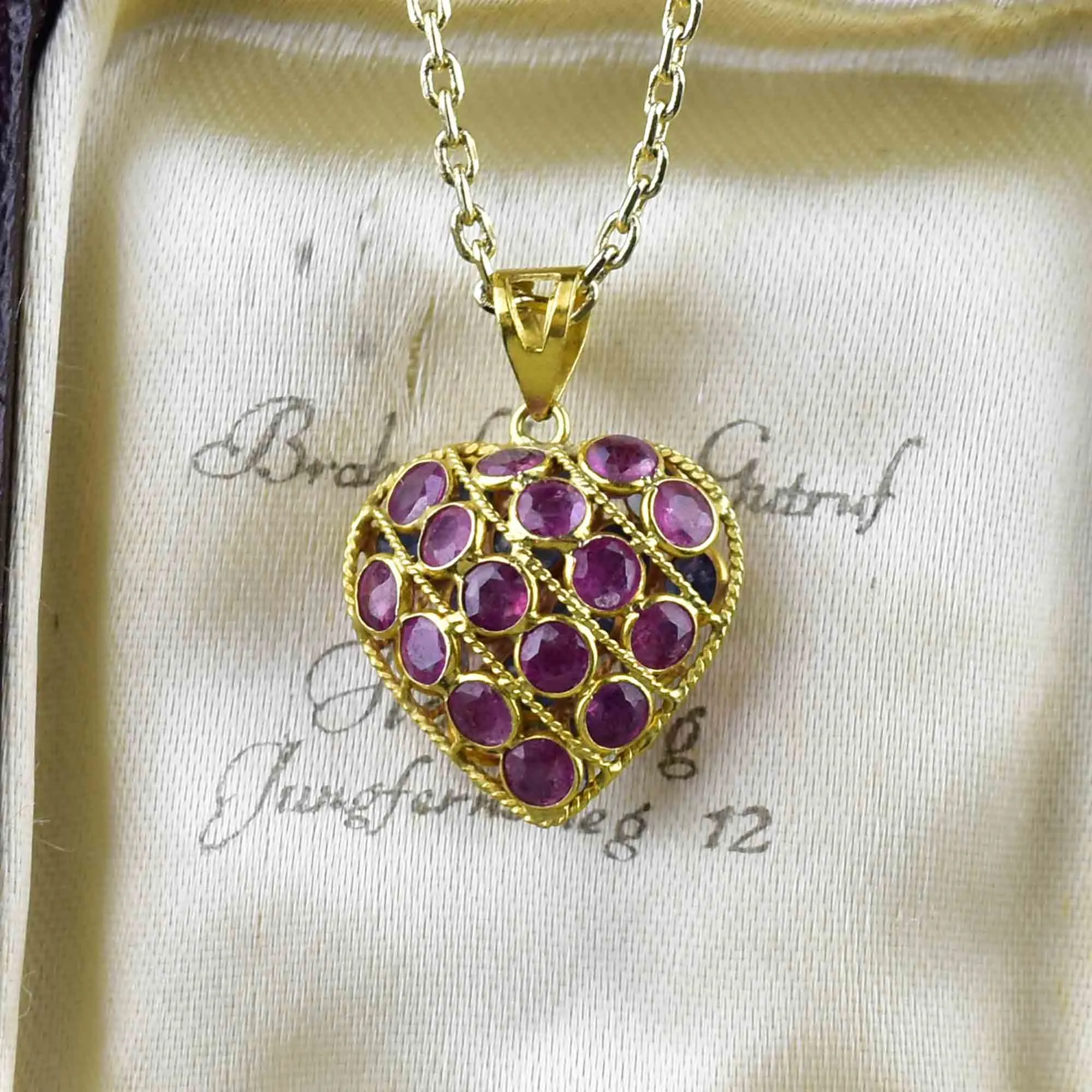 Filigree 18K Gold Ruby Blue Sapphire Heart Pendant Necklace