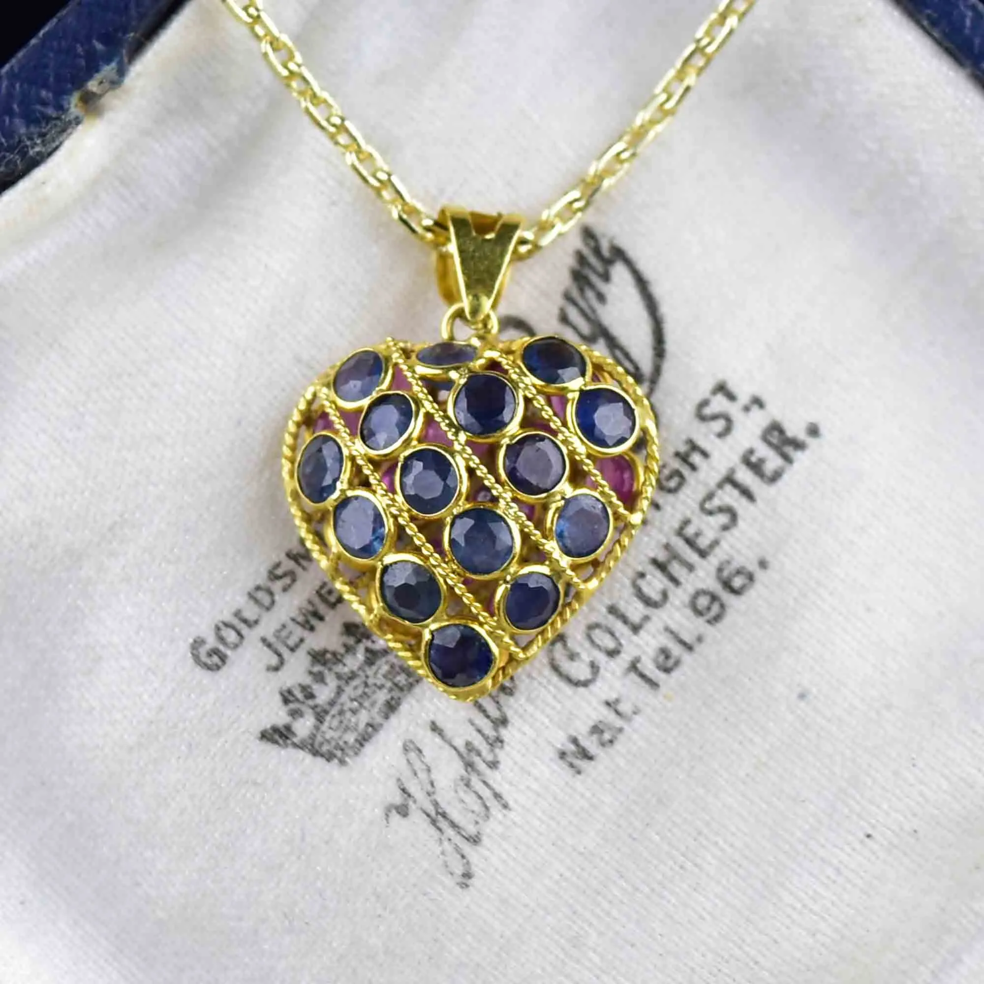 Filigree 18K Gold Ruby Blue Sapphire Heart Pendant Necklace