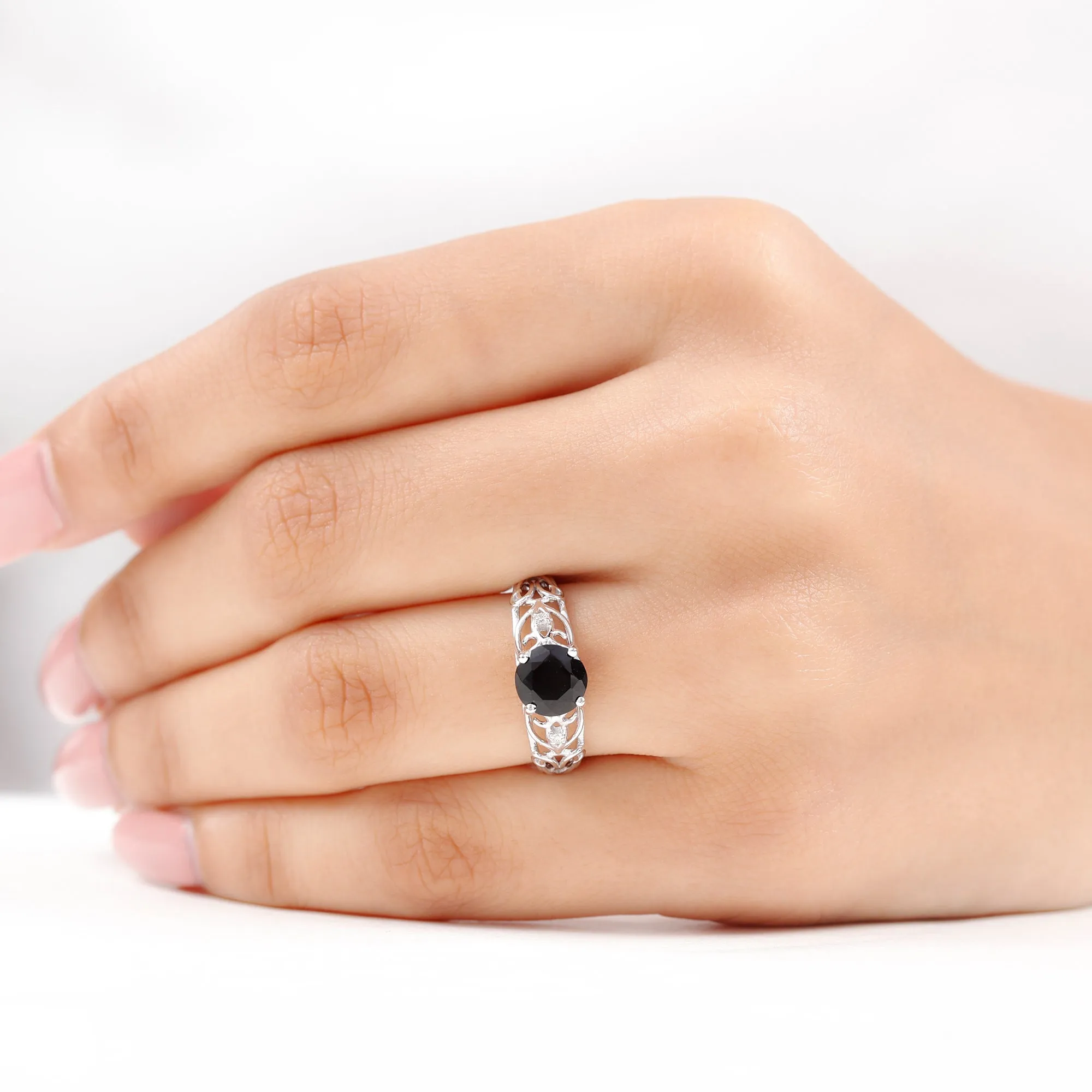 Filigree Engagement Ring with Black Onyx and Diamond