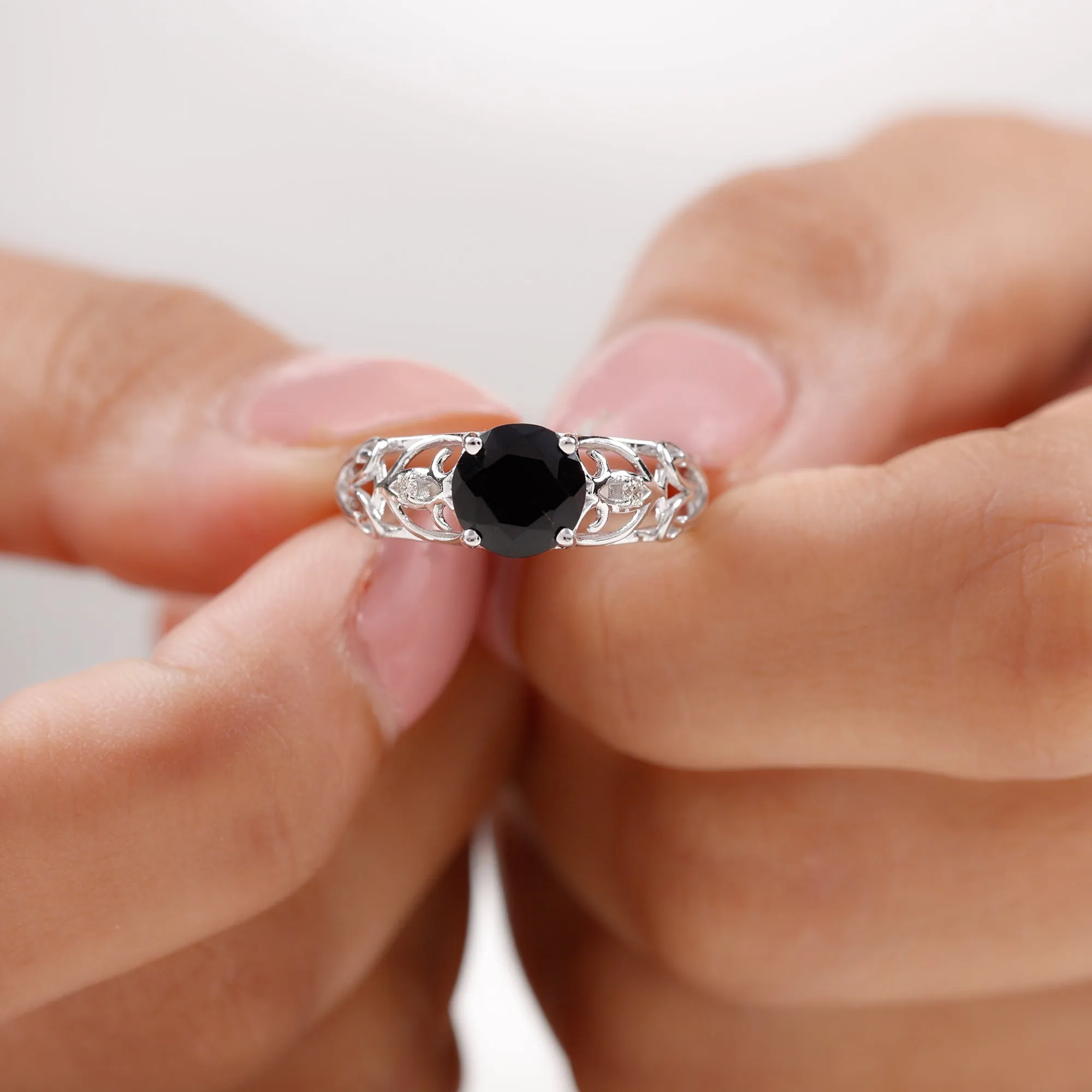 Filigree Engagement Ring with Black Onyx and Diamond