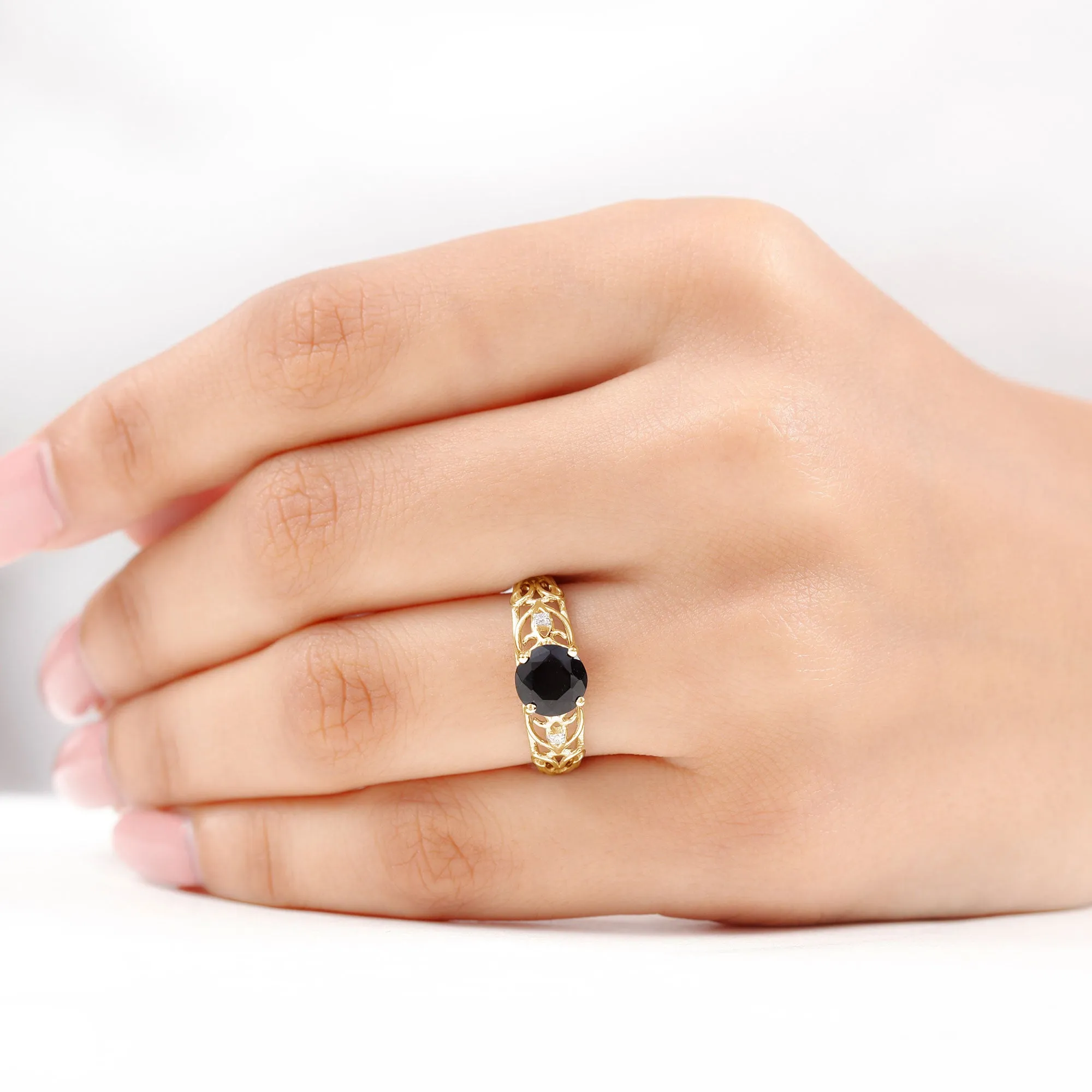 Filigree Engagement Ring with Black Onyx and Diamond