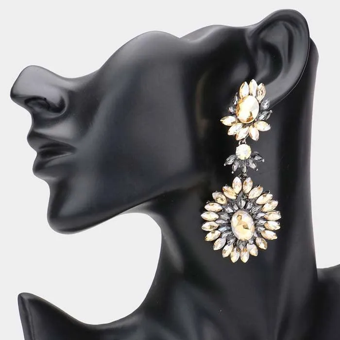 Floral Marquise Black Diamond, Lt Col Topaz Stone Cluster Evening Earrings