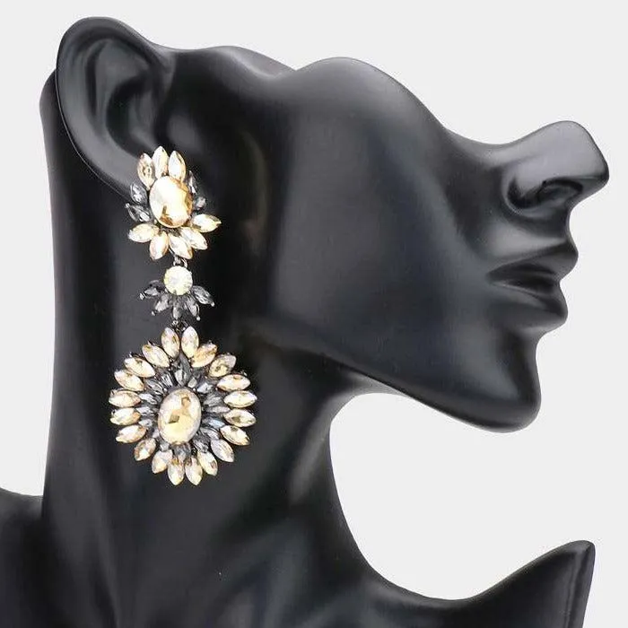 Floral Marquise Black Diamond, Lt Col Topaz Stone Cluster Evening Earrings