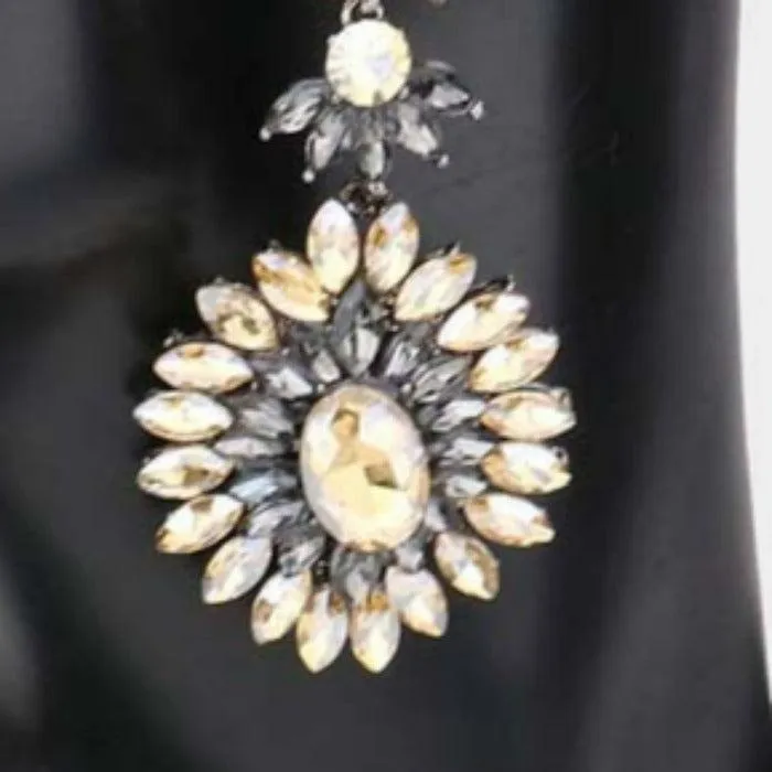 Floral Marquise Black Diamond, Lt Col Topaz Stone Cluster Evening Earrings