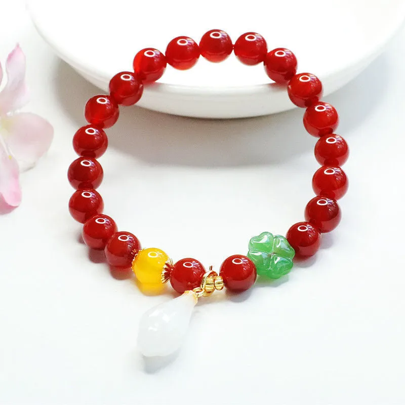 Fortune's Favor Natural Red Agate Bracelet with Magnolia Flower Jade and Chalcedony