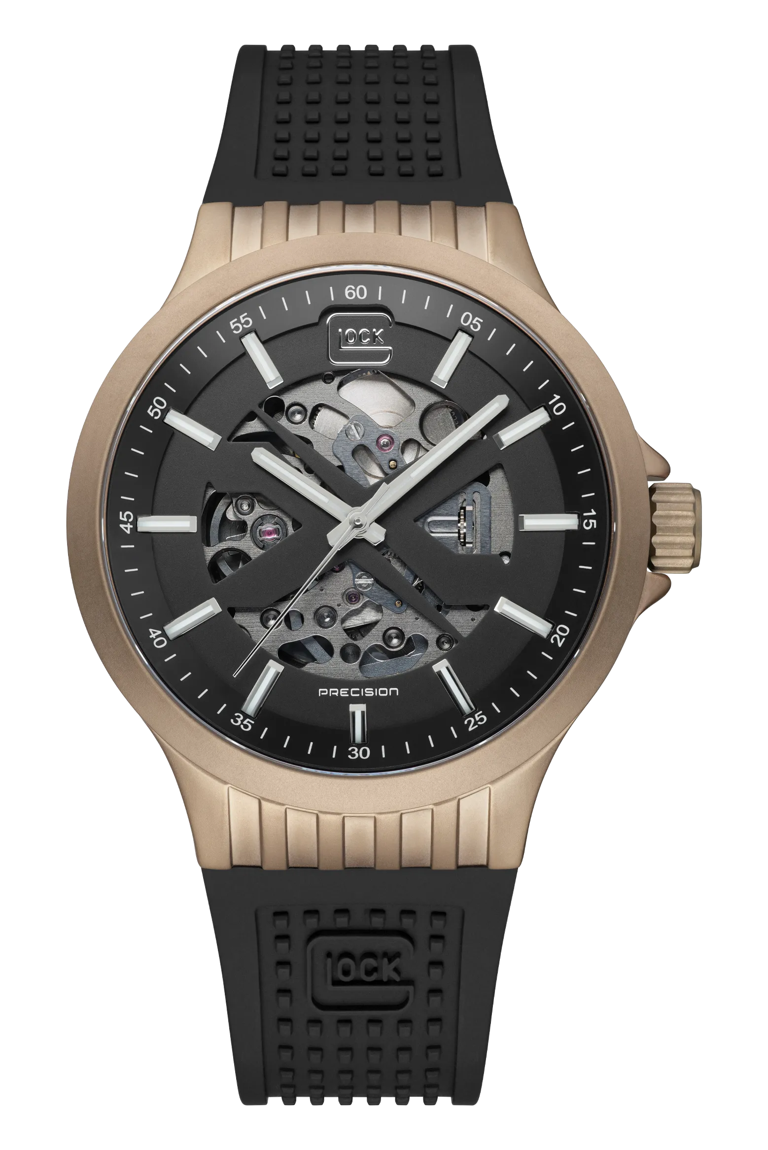 Gent's Khaki Steel Glock Watch with Black Skeleton Dial