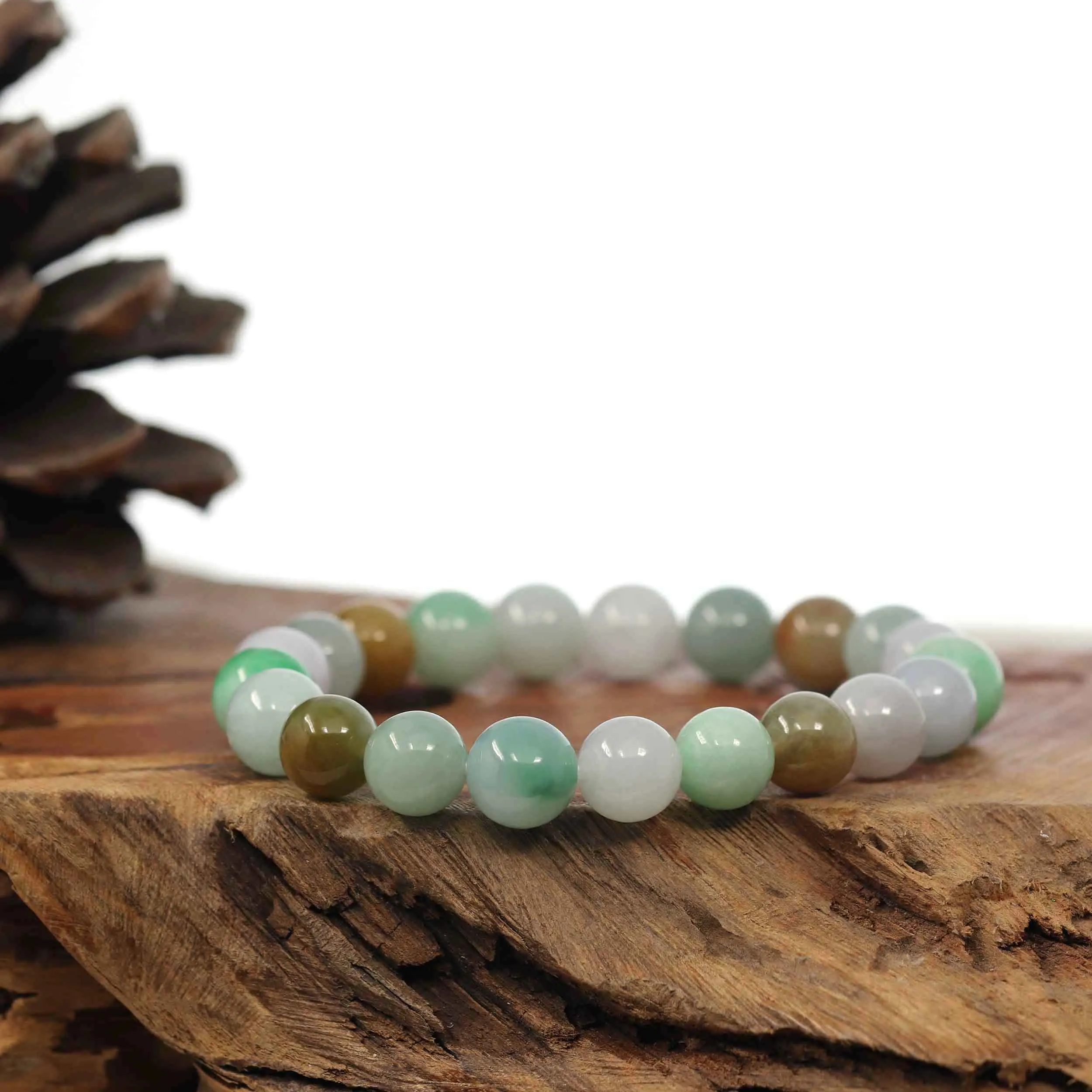 Genuine High Jadeite Jade Round Multiple Colors Beads Bracelet ( 9.5 mm)