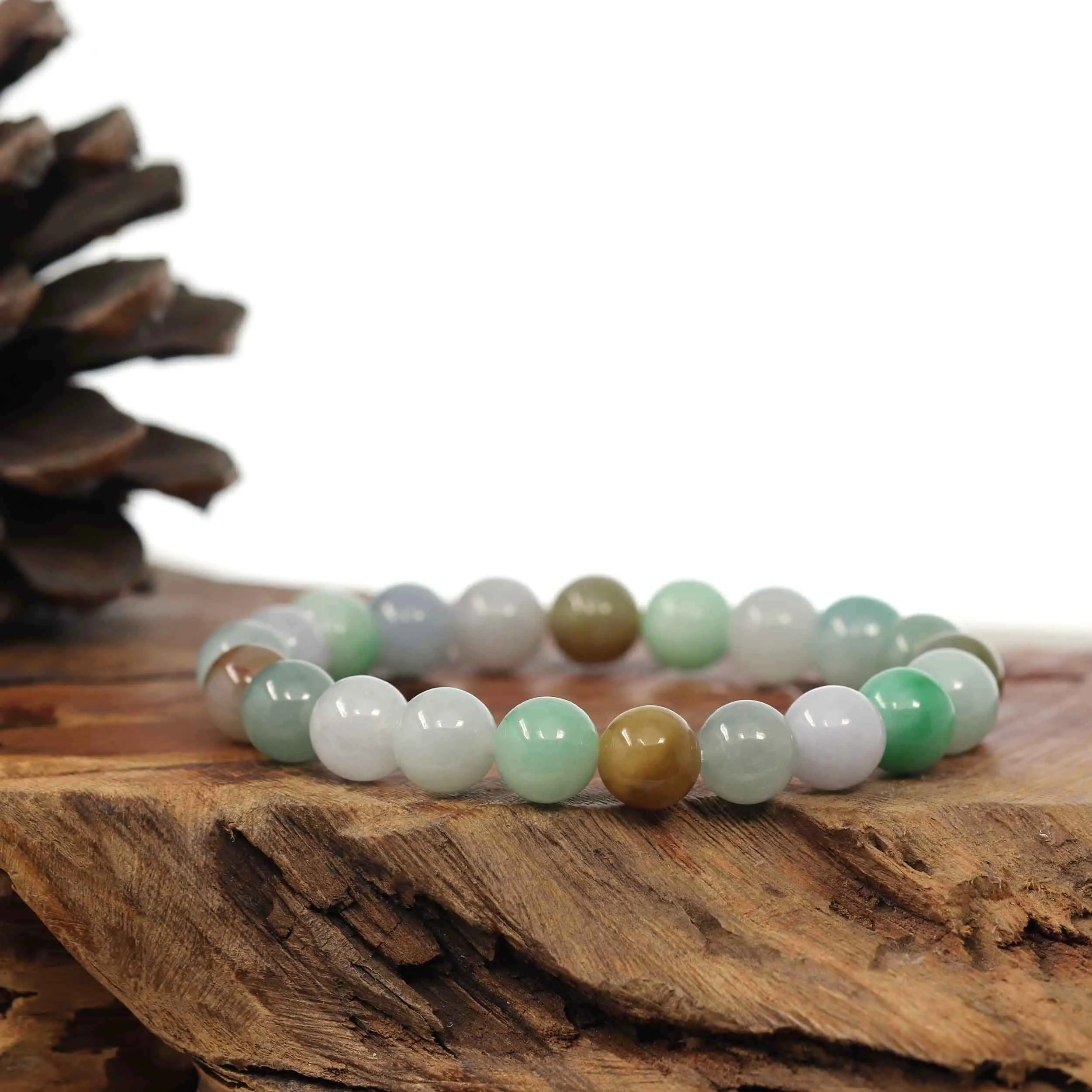 Genuine High Jadeite Jade Round Multiple Colors Beads Bracelet ( 9.5 mm)