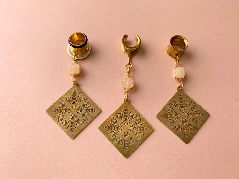 Gold Brass Bee Earrings with Yellow Jade Accents