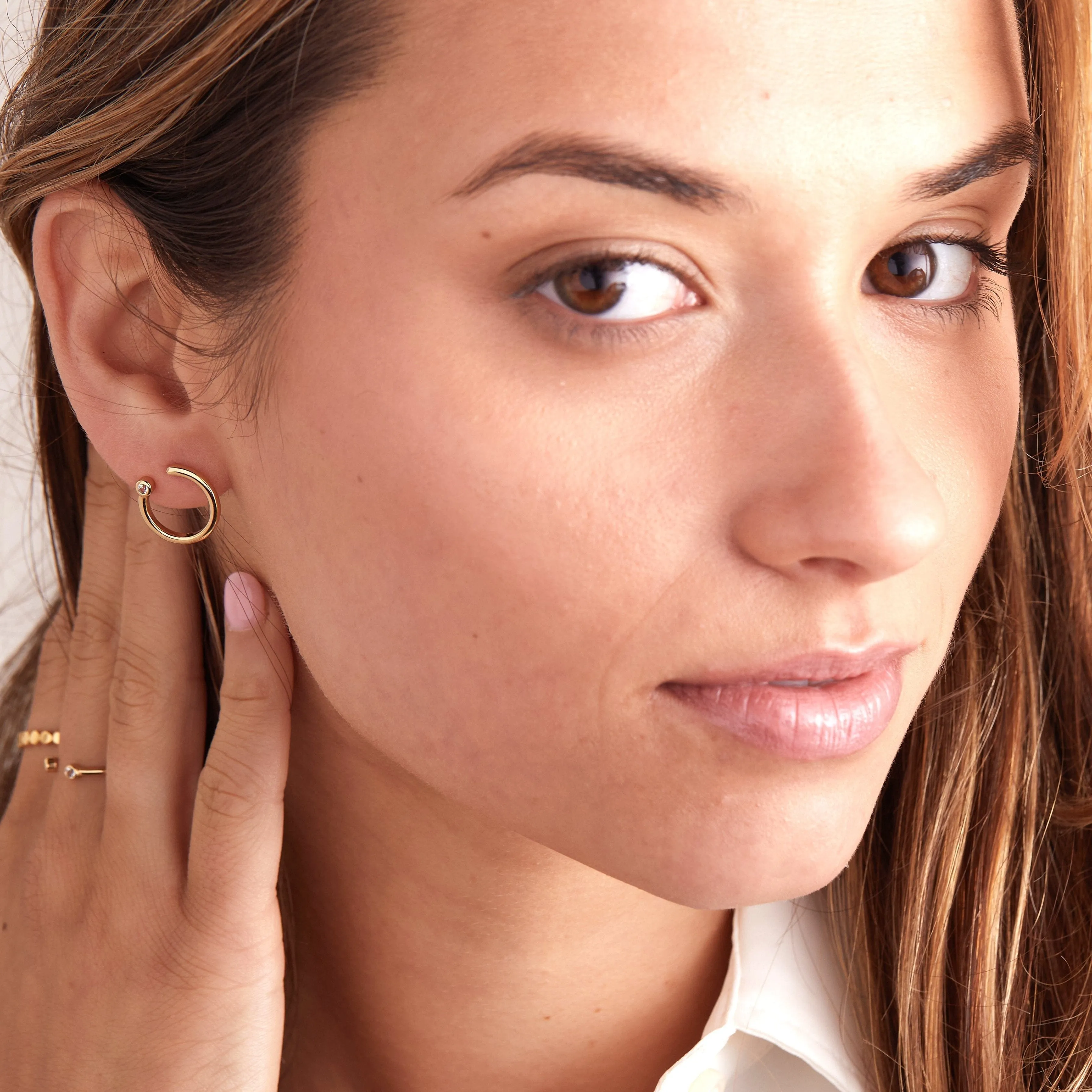 Gold Circle Stud Earrings with White Topaz